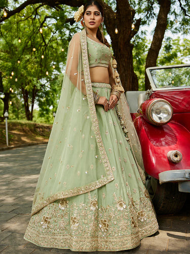 Lime Green Chiffon Semi-Stitched Lehenga Choli Set with Heavy Sequin & Embroidery ClothsVilla