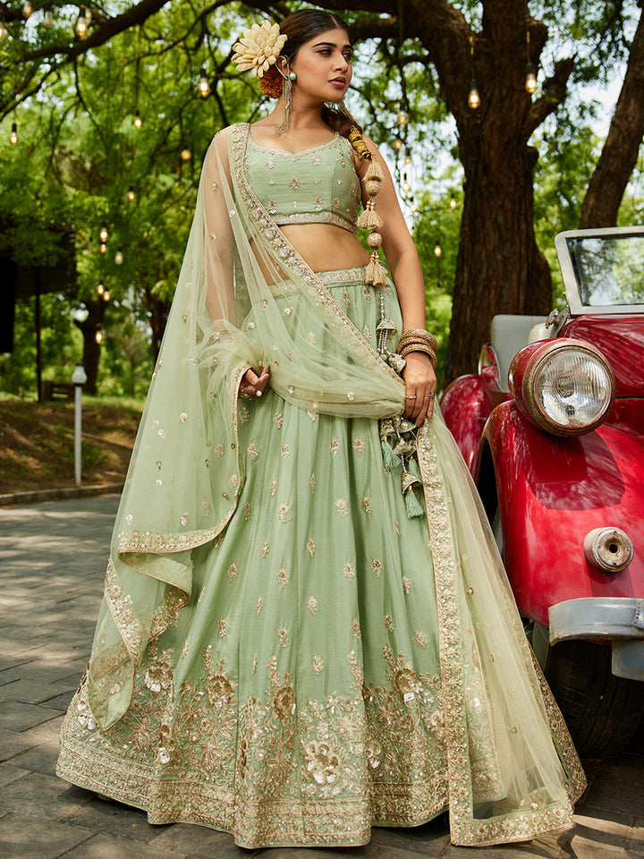 Lime Green Chiffon Semi-Stitched Lehenga Choli Set with Heavy Sequin & Embroidery ClothsVilla