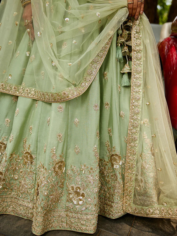 Lime Green Chiffon Semi-Stitched Lehenga Choli Set with Heavy Sequin & Embroidery ClothsVilla