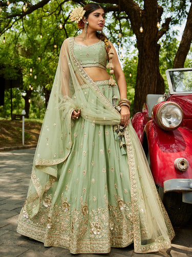 Lime Green Chiffon Semi-Stitched Lehenga Choli Set with Heavy Sequin & Embroidery ClothsVilla