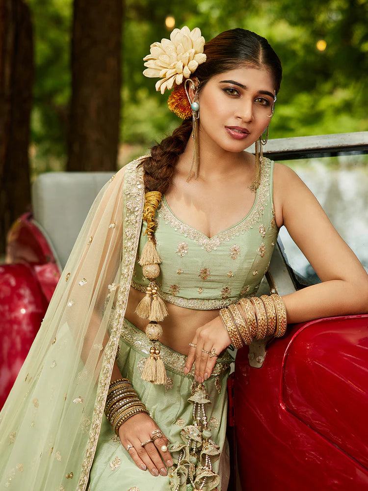 Lime Green Chiffon Semi-Stitched Lehenga Choli Set with Heavy Sequin & Embroidery ClothsVilla