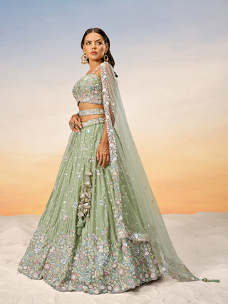 Lime green Chiffon Sequins and thread embroidery Semi-Stitched Lehenga choli & Dupatta ClothsVilla