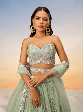 Lime green Chiffon Sequins and thread embroidery Semi-Stitched Lehenga choli & Dupatta ClothsVilla