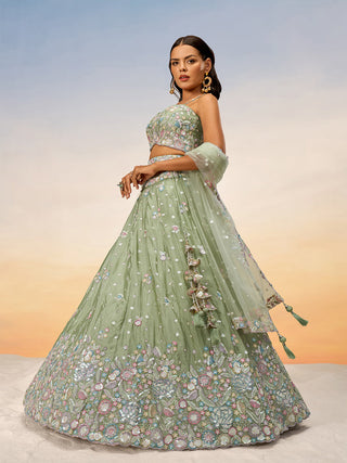 Lime green Chiffon Sequins and thread embroidery Semi-Stitched Lehenga choli & Dupatta ClothsVilla