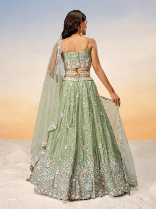 Lime green Chiffon Sequins and thread embroidery Semi-Stitched Lehenga choli & Dupatta ClothsVilla