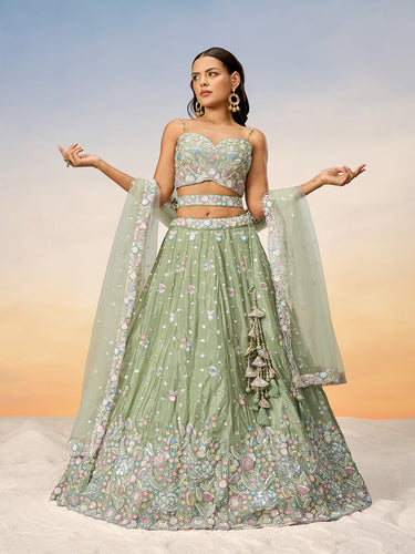 Lime green Chiffon Sequins and thread embroidery Semi-Stitched Lehenga choli & Dupatta ClothsVilla
