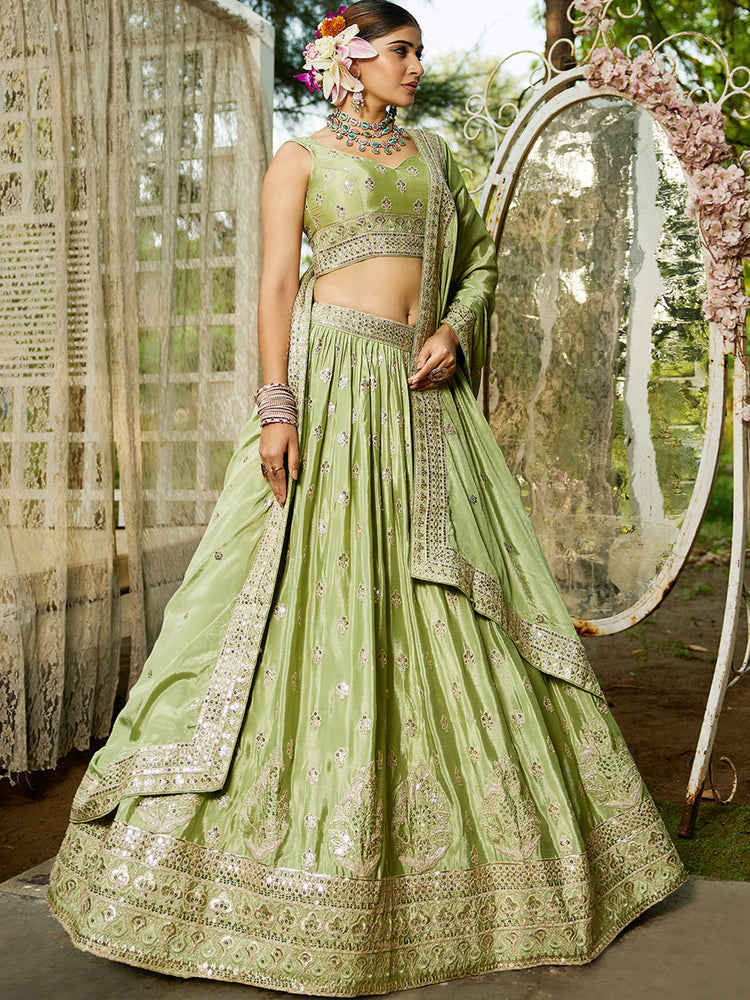 Lime Green Chinnon Semi-Stitched Lehenga Choli Set with Heavy Sequins & Embroidered Dupatta ClothsVilla