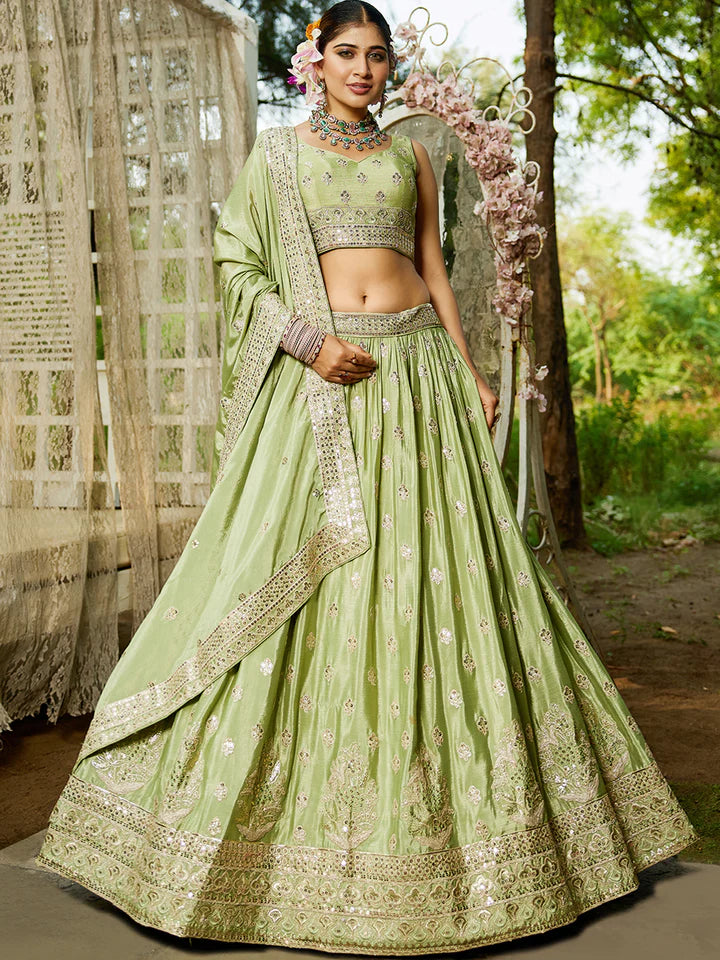 Lime Green Chinnon Semi-Stitched Lehenga Choli Set with Heavy Sequins & Embroidered Dupatta ClothsVilla
