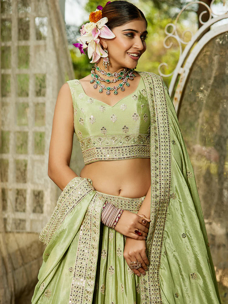 Lime Green Chinnon Semi-Stitched Lehenga Choli Set with Heavy Sequins & Embroidered Dupatta ClothsVilla