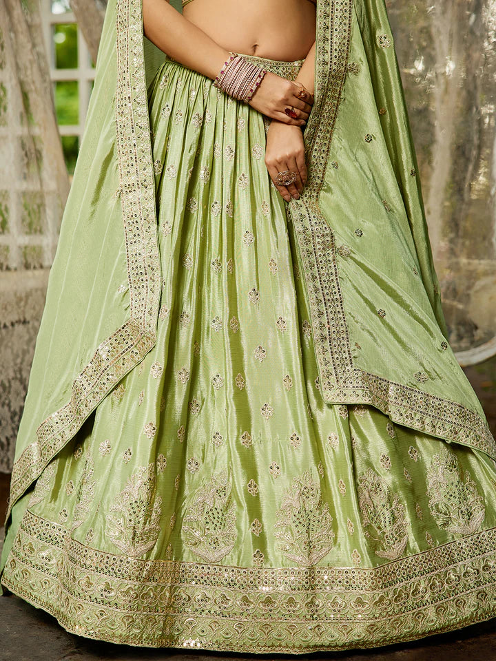 Lime Green Chinnon Semi-Stitched Lehenga Choli Set with Heavy Sequins & Embroidered Dupatta ClothsVilla
