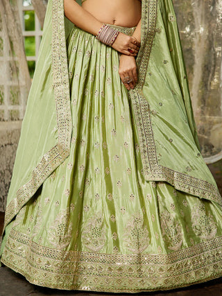 Lime Green Chinnon Semi-Stitched Lehenga Choli Set with Heavy Sequins & Embroidered Dupatta ClothsVilla