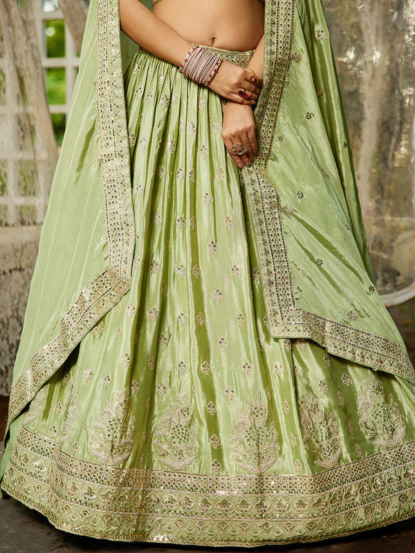 Lime Green Chinnon Semi-Stitched Lehenga Choli Set with Heavy Sequins & Embroidered Dupatta ClothsVilla