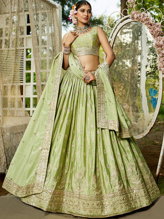 Lime Green Chinnon Semi-Stitched Lehenga Choli Set with Heavy Sequins & Embroidered Dupatta ClothsVilla