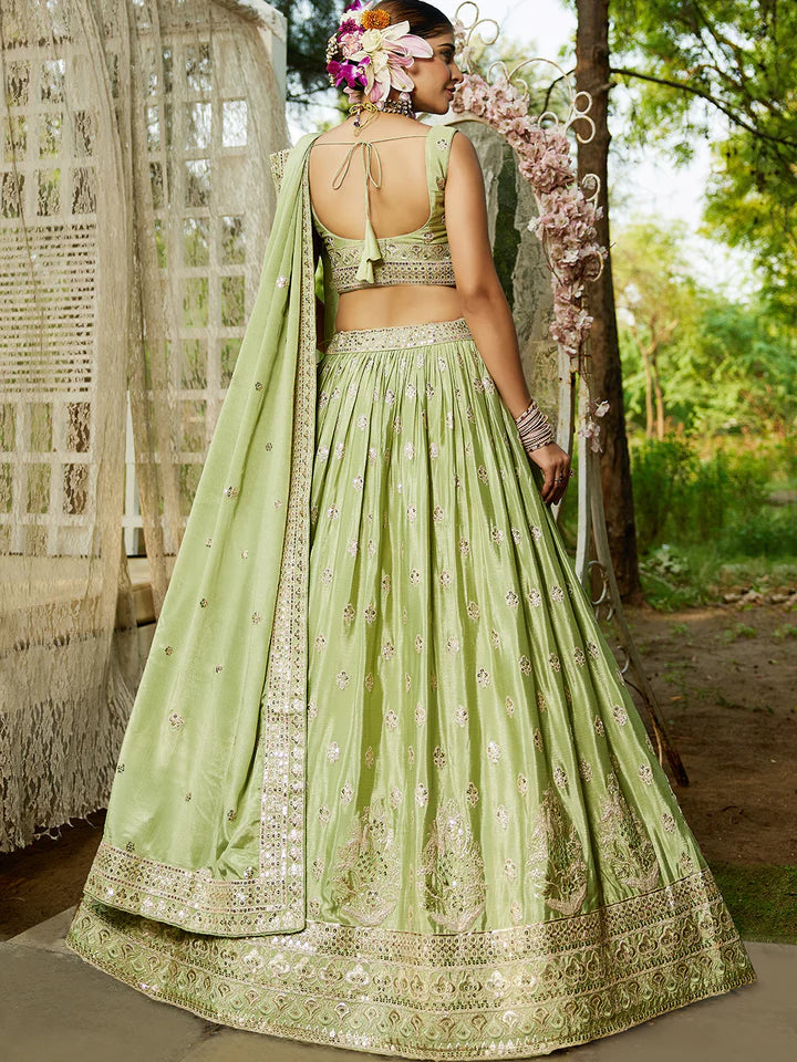 Lime Green Chinnon Semi-Stitched Lehenga Choli Set with Heavy Sequins & Embroidered Dupatta ClothsVilla