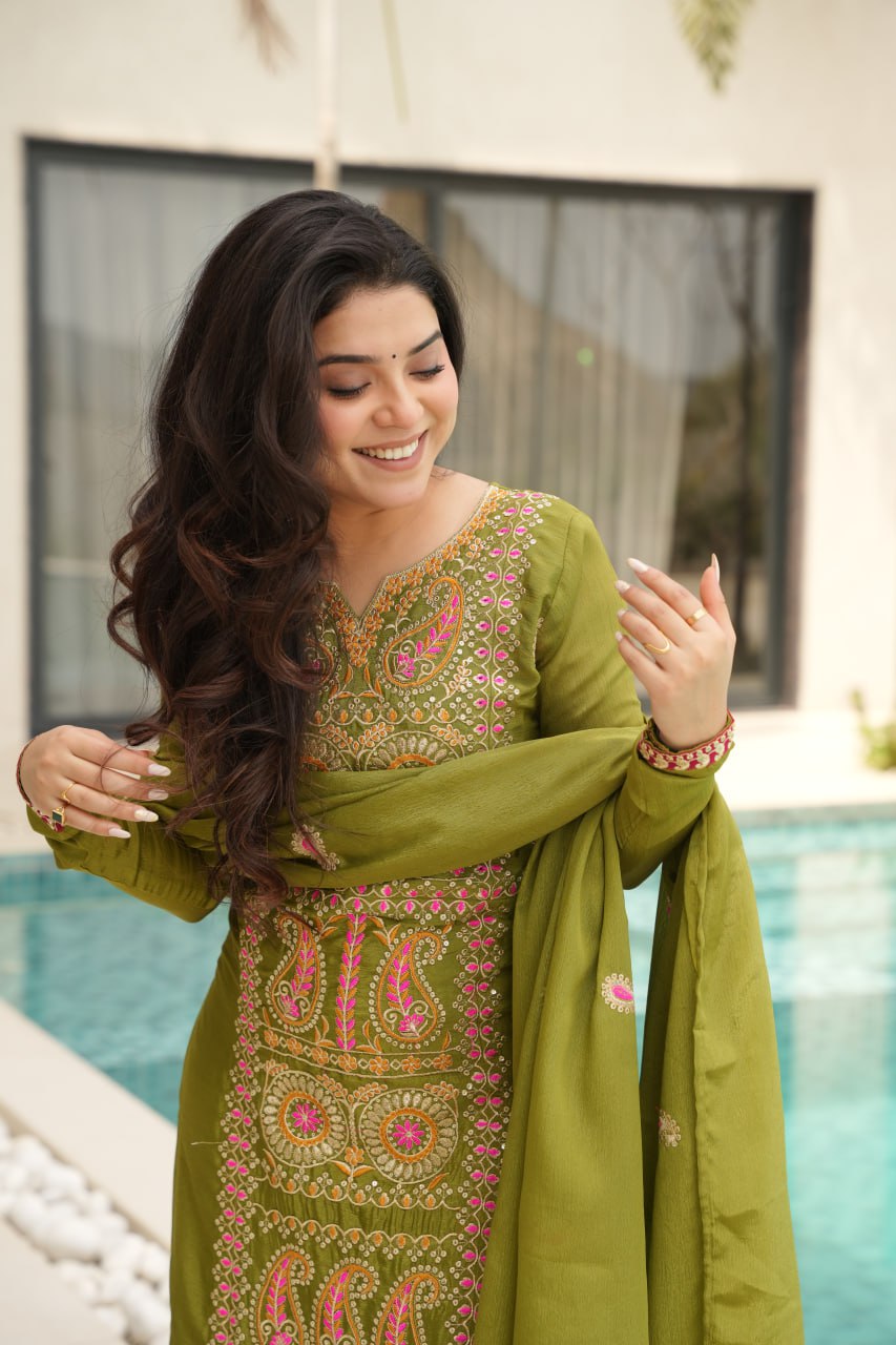 Lime Green Chinnon Silk Embroidered Top Pant Set ClothsVilla