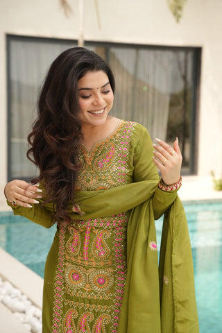 Lime Green Chinnon Silk Embroidered Top Pant Set ClothsVilla