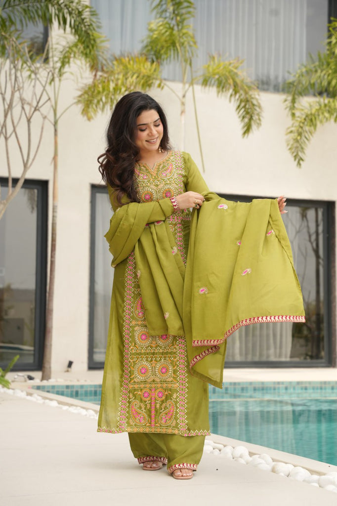 Lime Green Chinnon Silk Embroidered Top Pant Set ClothsVilla
