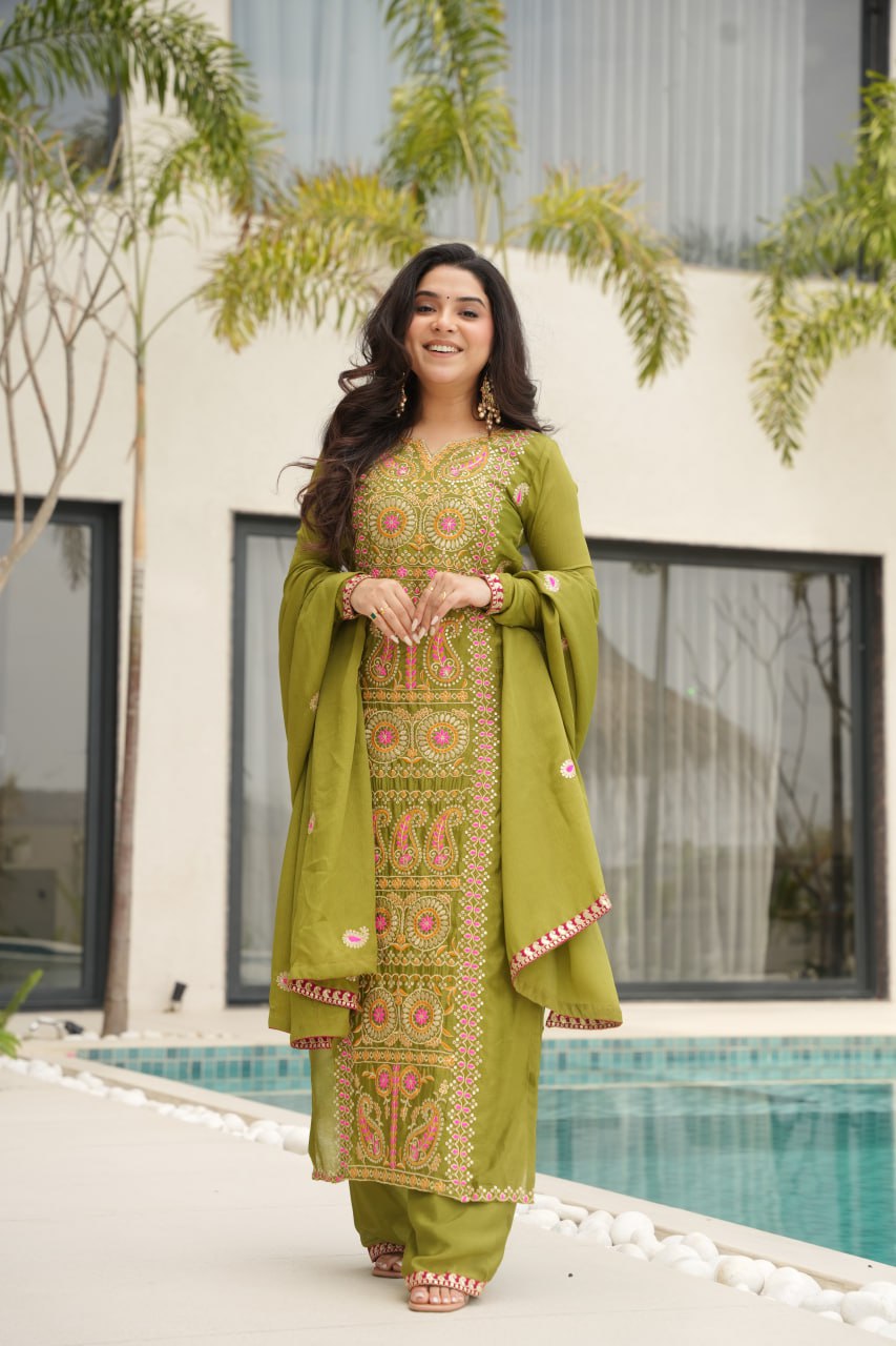Lime Green Chinnon Silk Embroidered Top Pant Set ClothsVilla Main image