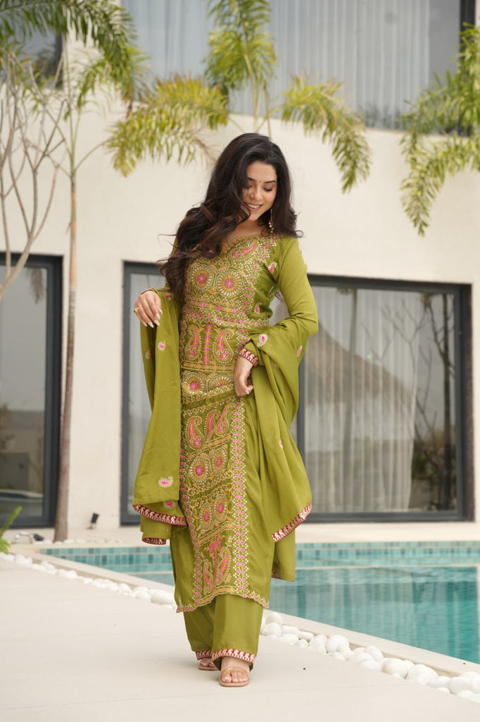 Lime Green Chinnon Silk Embroidered Top Pant Set ClothsVilla