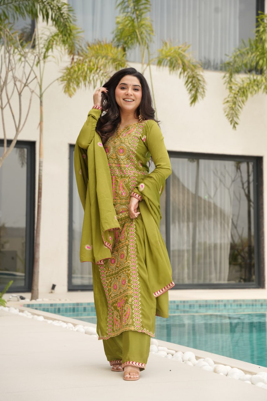 Lime Green Chinnon Silk Embroidered Top Pant Set ClothsVilla