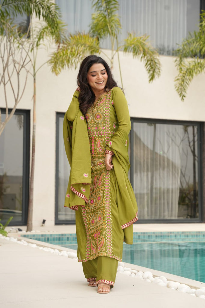 Lime Green Chinnon Silk Embroidered Top Pant Set ClothsVilla