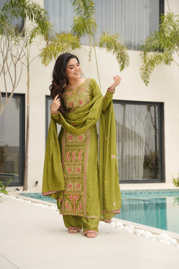 Lime Green Chinnon Silk Embroidered Top Pant Set ClothsVilla