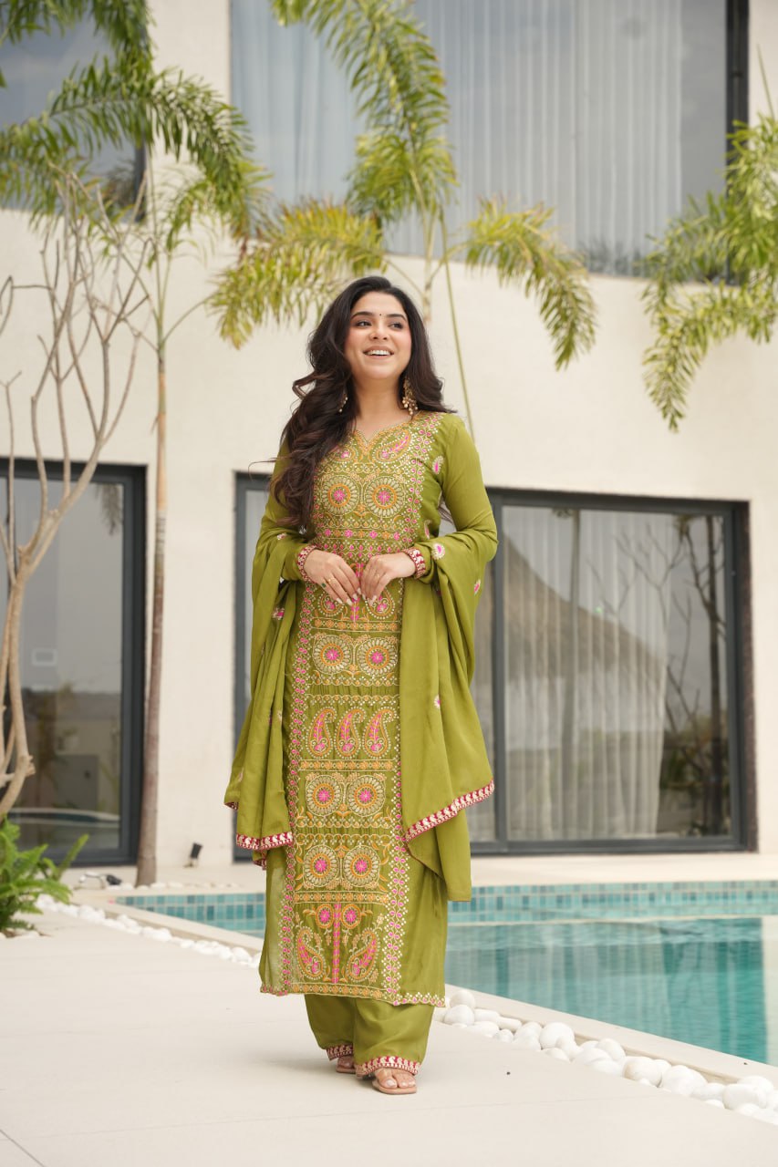 Lime Green Chinnon Silk Embroidered Top Pant Set ClothsVilla