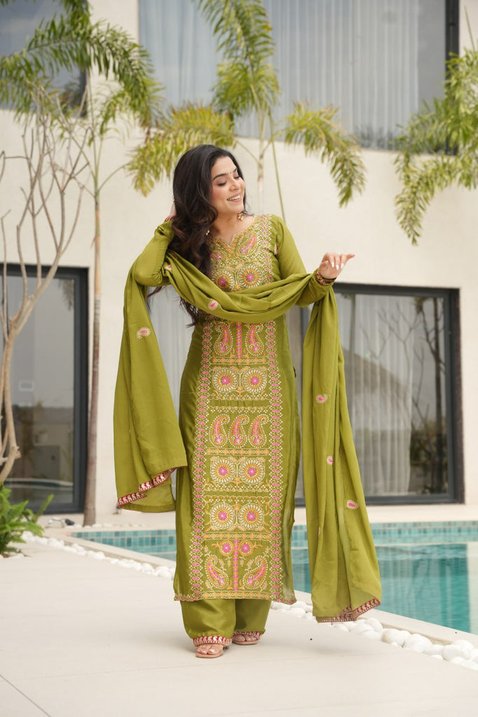 Lime Green Chinnon Silk Embroidered Top Pant Set ClothsVilla