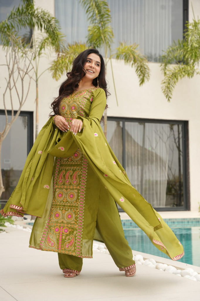 Lime Green Chinnon Silk Embroidered Top Pant Set ClothsVilla