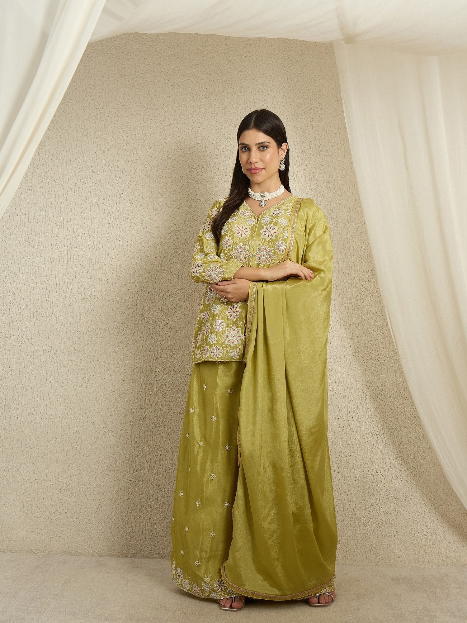 Lime Green Chinon Kurta Palazzo Set ClothsVilla