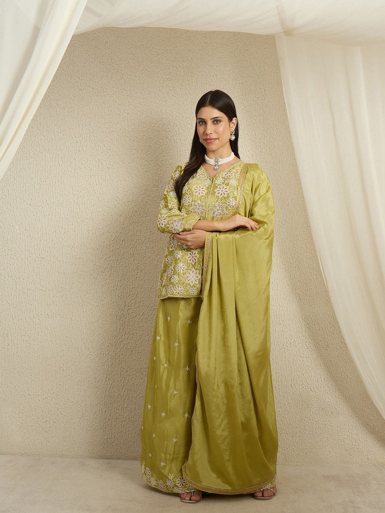 Lime Green Chinon Kurta Palazzo Set ClothsVilla
