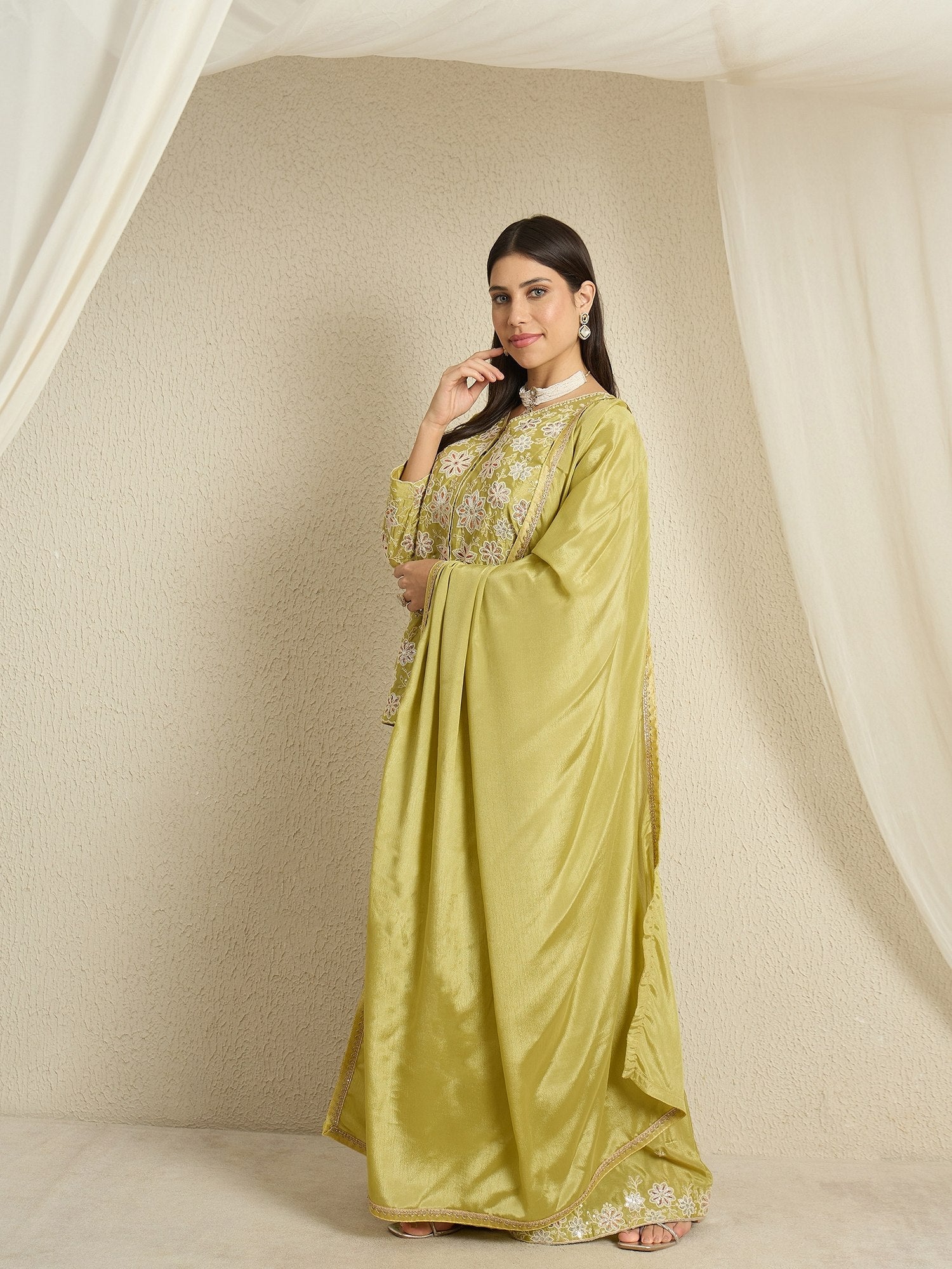 Lime Green Chinon Kurta Palazzo Set ClothsVilla