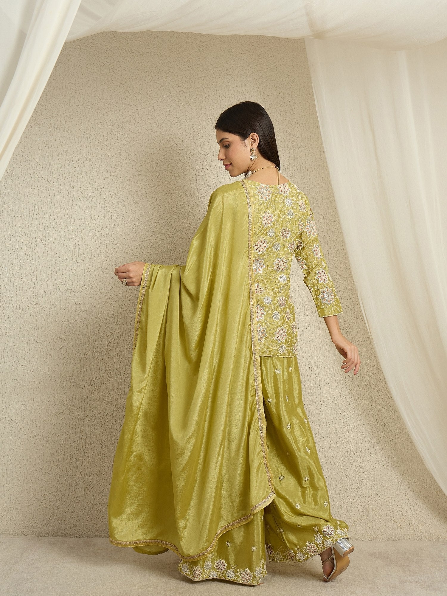Lime Green Chinon Kurta Palazzo Set ClothsVilla