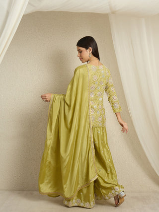 Lime Green Chinon Kurta Palazzo Set ClothsVilla