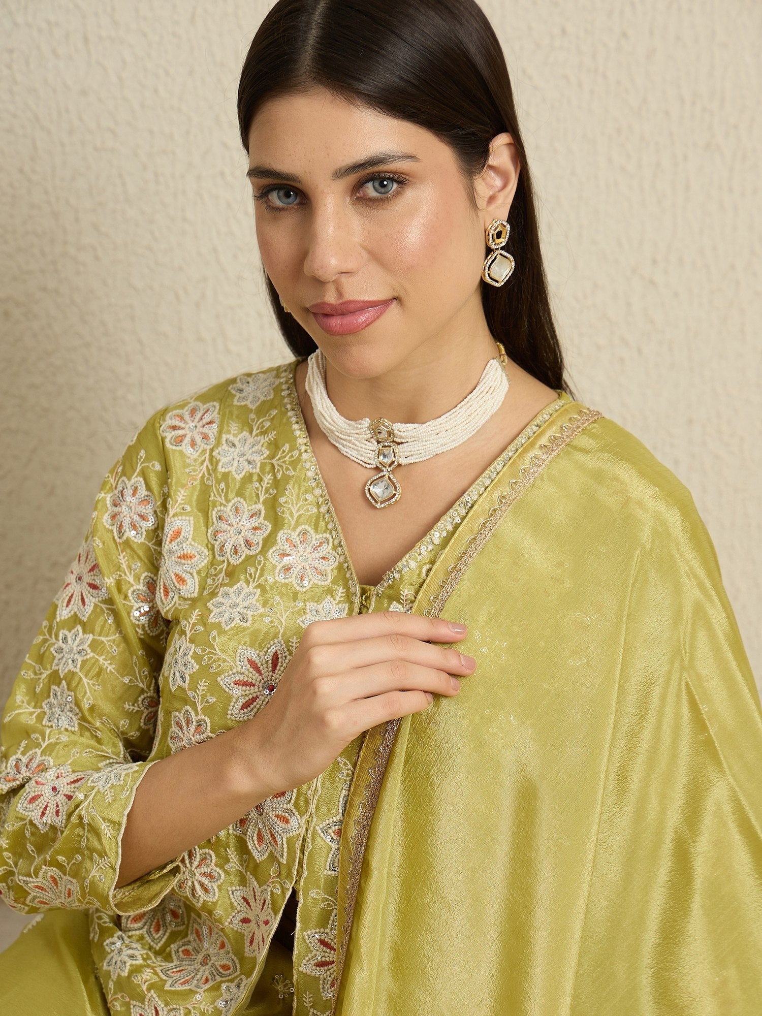 Lime Green Chinon Kurta Palazzo Set ClothsVilla