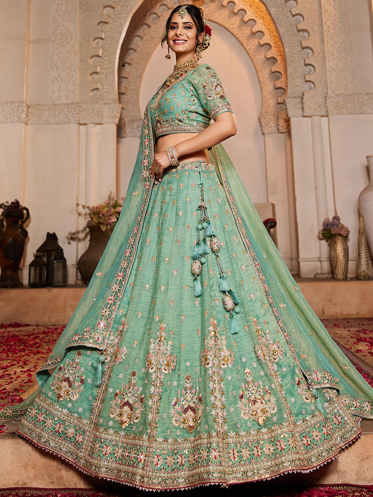 Lime Green colour Tissue Sequinse embroidery Semi-Stitched Lehenga choli & Dupatta ClothsVilla