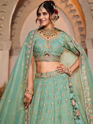 Lime Green colour Tissue Sequinse embroidery Semi-Stitched Lehenga choli & Dupatta ClothsVilla