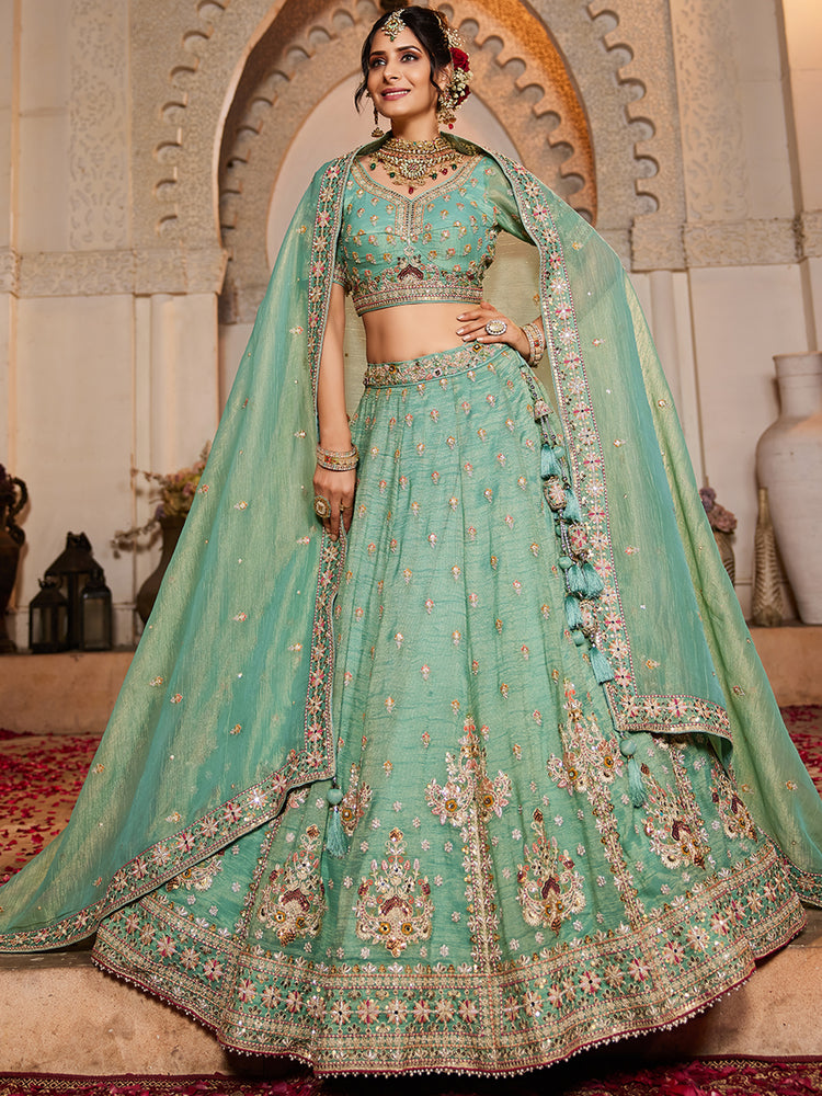 Lime Green colour Tissue Sequinse embroidery Semi-Stitched Lehenga choli & Dupatta ClothsVilla