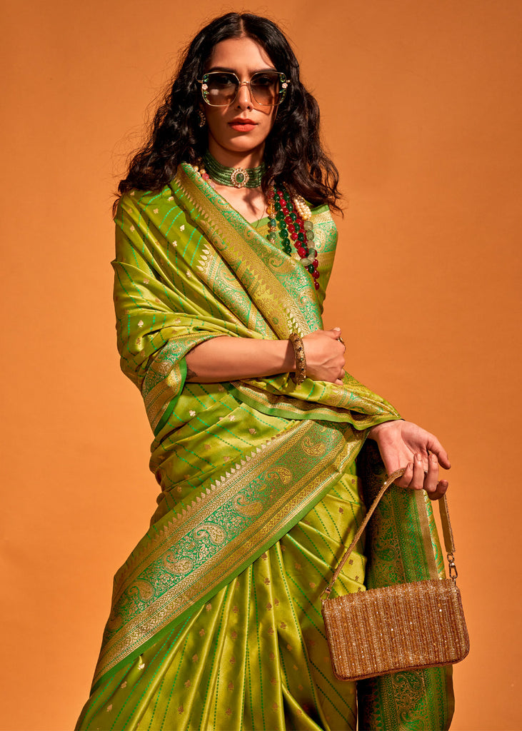 Lime Green Designer Satin Silk Saree with Blouse Piece ClothsVilla