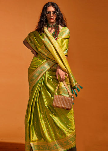 Lime Green Designer Satin Silk Saree with Blouse Piece ClothsVilla