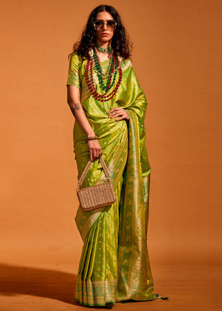 Lime Green Designer Satin Silk Saree with Blouse Piece ClothsVilla