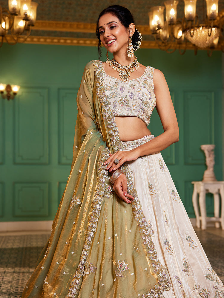 Lime Green Elegant Cream Viscose Semi-Stitched Lehenga Choli Set with Heavy Sequins & Thread Embroidery Work ClothsVilla