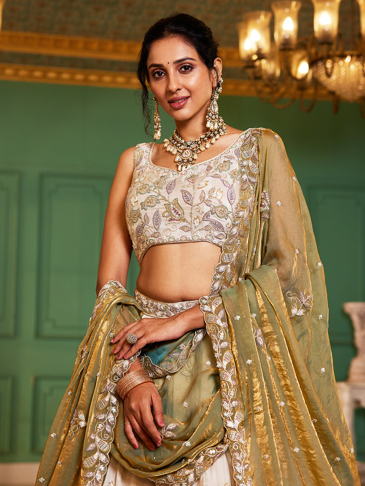 Lime Green Elegant Cream Viscose Semi-Stitched Lehenga Choli Set with Heavy Sequins & Thread Embroidery Work ClothsVilla