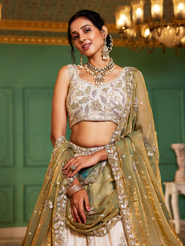 Lime Green Elegant Cream Viscose Semi-Stitched Lehenga Choli Set with Heavy Sequins & Thread Embroidery Work ClothsVilla