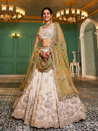 Lime Green Elegant Cream Viscose Semi-Stitched Lehenga Choli Set with Heavy Sequins & Thread Embroidery Work ClothsVilla
