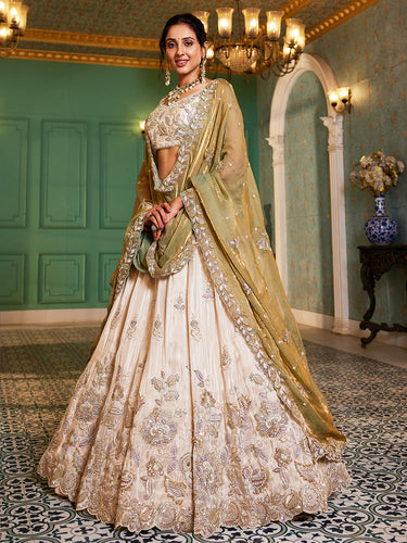 Lime Green Elegant Cream Viscose Semi-Stitched Lehenga Choli Set with Heavy Sequins & Thread Embroidery Work ClothsVilla