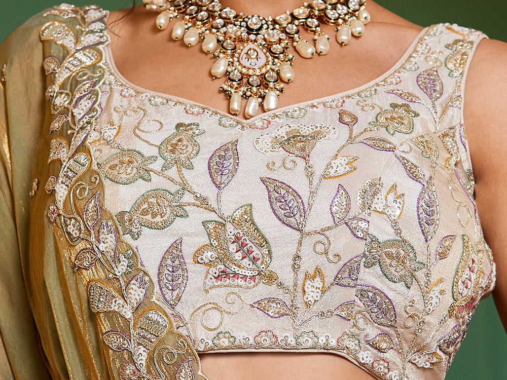 Lime Green Elegant Cream Viscose Semi-Stitched Lehenga Choli Set with Heavy Sequins & Thread Embroidery Work ClothsVilla
