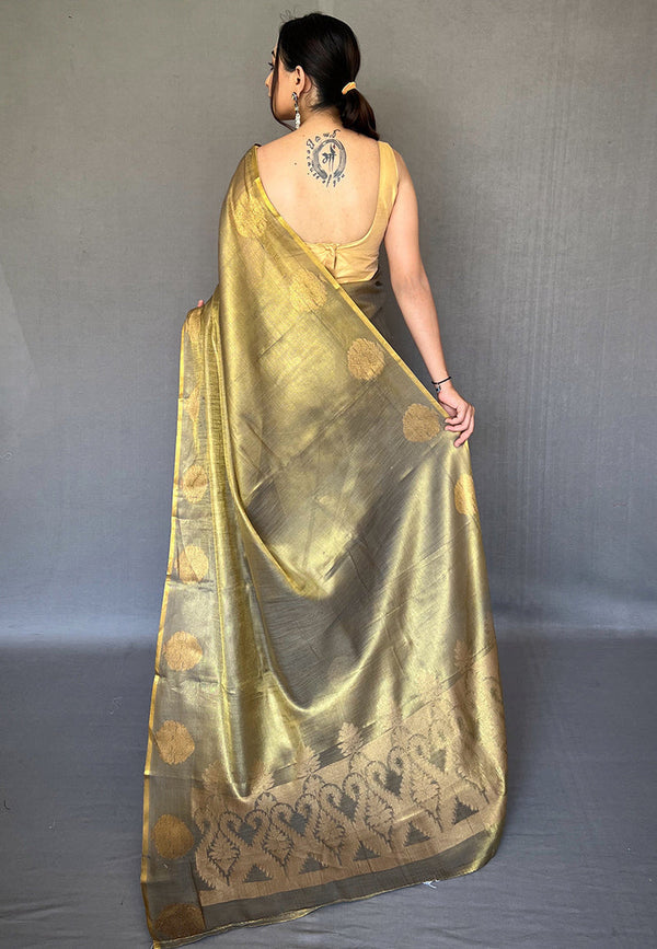 Lime Green Elegant Woven Tissue Silk Saree with Gold Accents & Unstitched Blouse Piece – Party & Festive Wear ClothsVilla