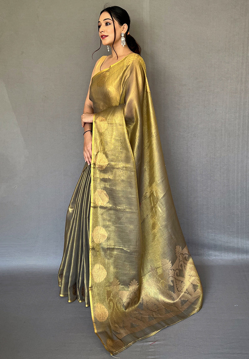 Lime Green Elegant Woven Tissue Silk Saree with Gold Accents & Unstitched Blouse Piece – Party & Festive Wear Secondary image