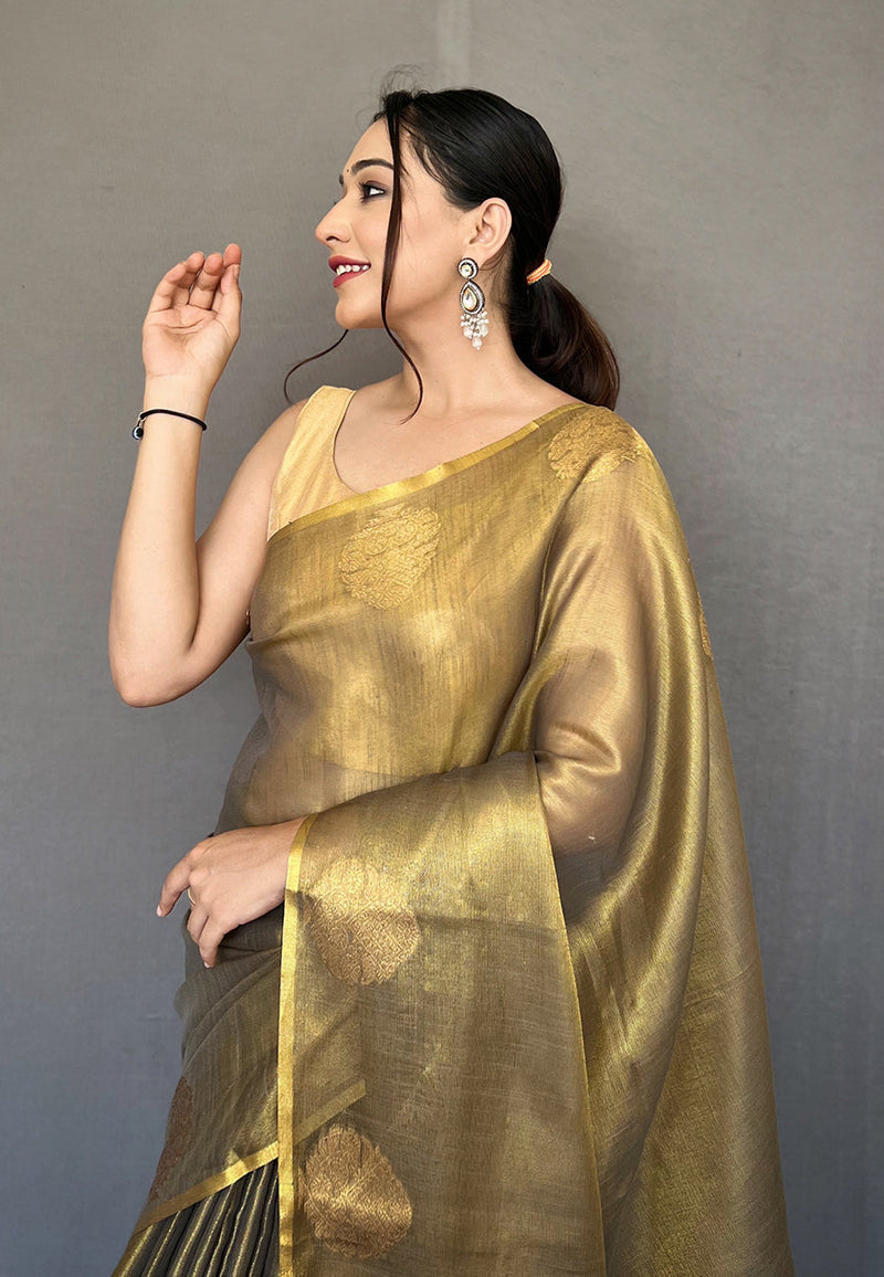 Lime Green Elegant Woven Tissue Silk Saree with Gold Accents & Unstitched Blouse Piece – Party & Festive Wear ClothsVilla